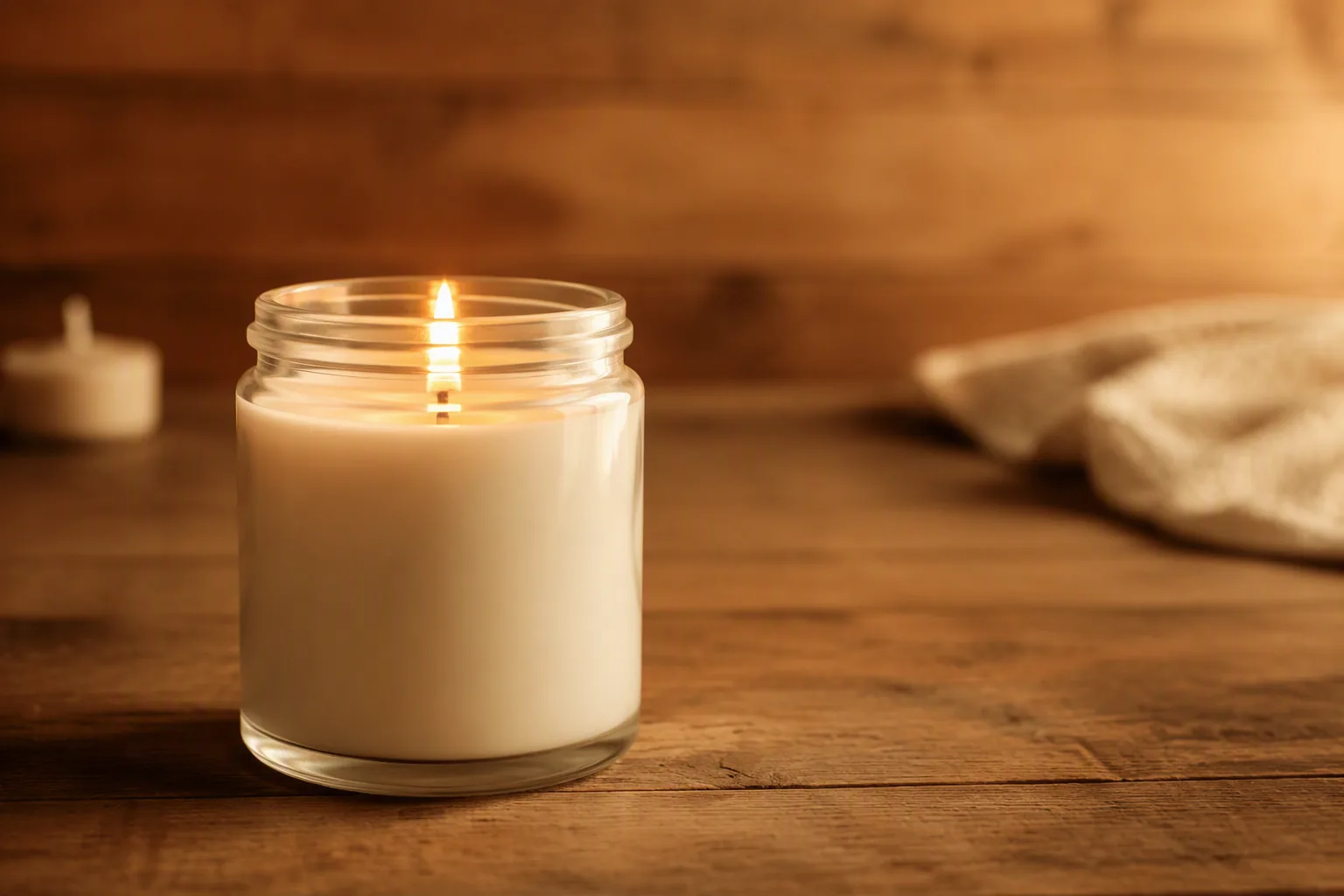 A burning container candle made from natural soy wax